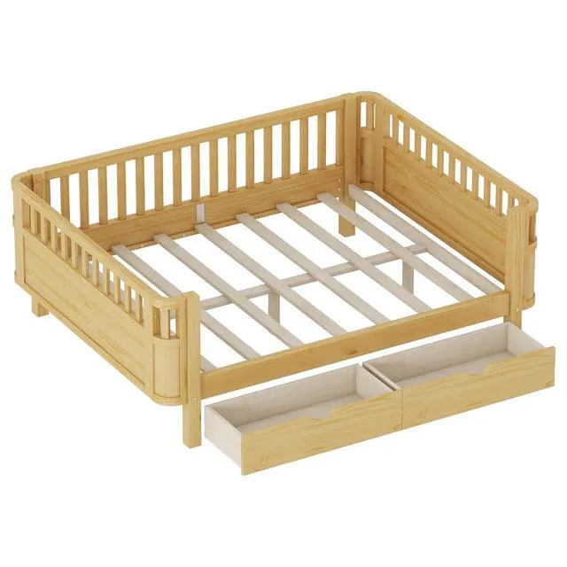 Alt view image 6 of 7 - Full Size Floor Bed with Storage Drawers and High Rails for Kids, Transition Platform Bed with Removable Guardrails Convertible Montessori Bed for Boys Girls, Easy Assembly and MultiFunctional,Natural