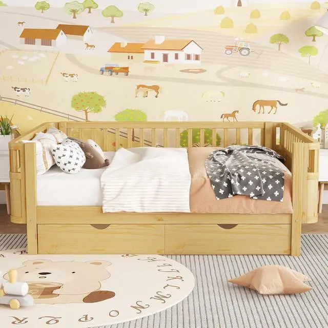 Alt view image 4 of 7 - Full Size Floor Bed with Storage Drawers and High Rails for Kids, Transition Platform Bed with Removable Guardrails Convertible Montessori Bed for Boys Girls, Easy Assembly and MultiFunctional,Natural
