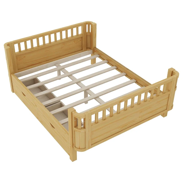Alt view image 7 of 7 - Full Size Floor Bed with Storage Drawers and High Rails for Kids, Transition Platform Bed with Removable Guardrails Convertible Montessori Bed for Boys Girls, Easy Assembly and MultiFunctional,Natural