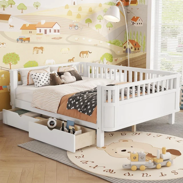 Main image of Full Size Floor Bed with Storage Drawers and High Rails for Kids, Transition Platform Bed with Removable Guardrails Convertible Montessori Bed for Boys Girls, Easy Assembly and MultiFunctional,White
