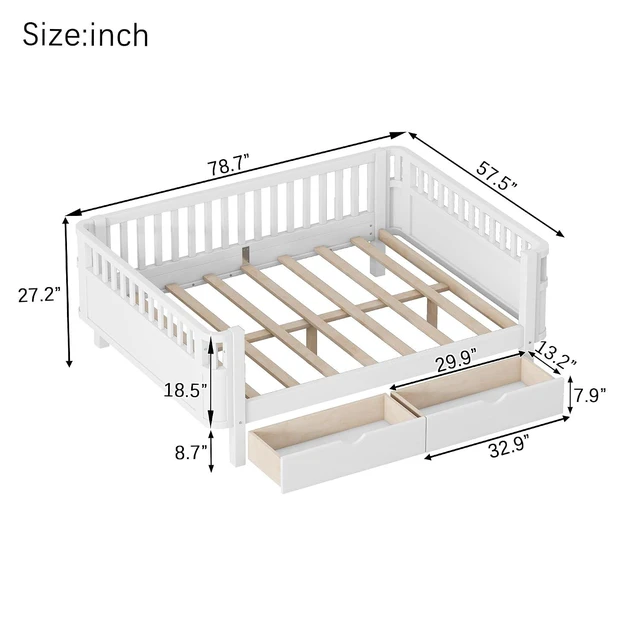 Alt view image 2 of 7 - Full Size Floor Bed with Storage Drawers and High Rails for Kids, Transition Platform Bed with Removable Guardrails Convertible Montessori Bed for Boys Girls, Easy Assembly and MultiFunctional,White