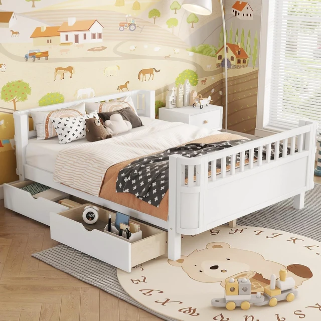 Alt view image 3 of 7 - Full Size Floor Bed with Storage Drawers and High Rails for Kids, Transition Platform Bed with Removable Guardrails Convertible Montessori Bed for Boys Girls, Easy Assembly and MultiFunctional,White