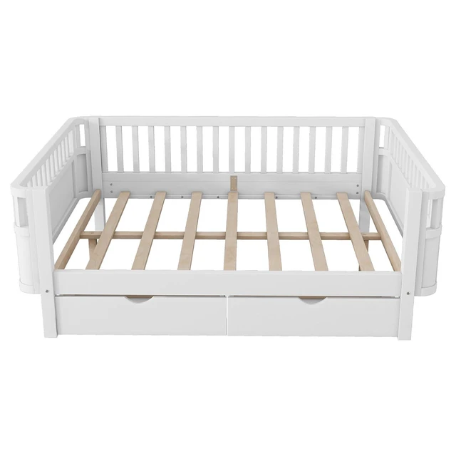Alt view image 5 of 7 - Full Size Floor Bed with Storage Drawers and High Rails for Kids, Transition Platform Bed with Removable Guardrails Convertible Montessori Bed for Boys Girls, Easy Assembly and MultiFunctional,White
