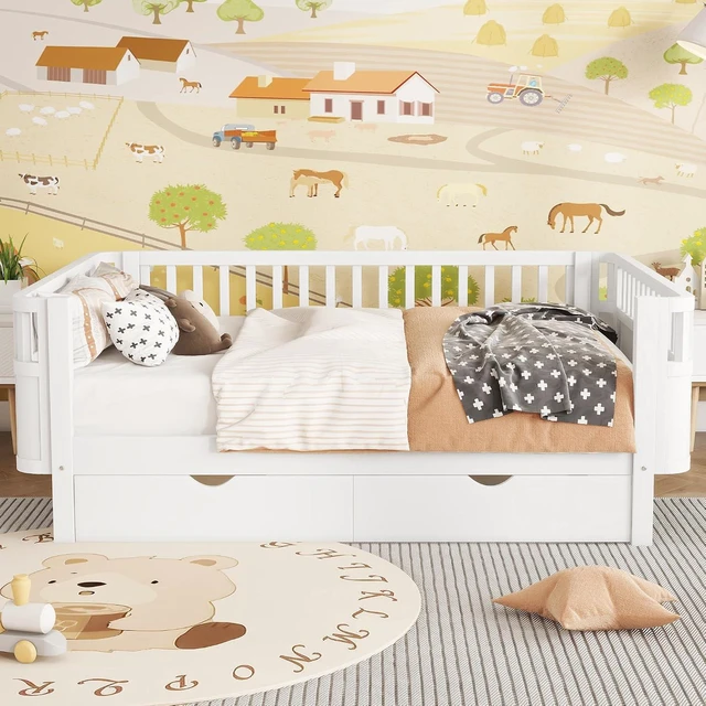 Alt view image 4 of 7 - Full Size Floor Bed with Storage Drawers and High Rails for Kids, Transition Platform Bed with Removable Guardrails Convertible Montessori Bed for Boys Girls, Easy Assembly and MultiFunctional,White