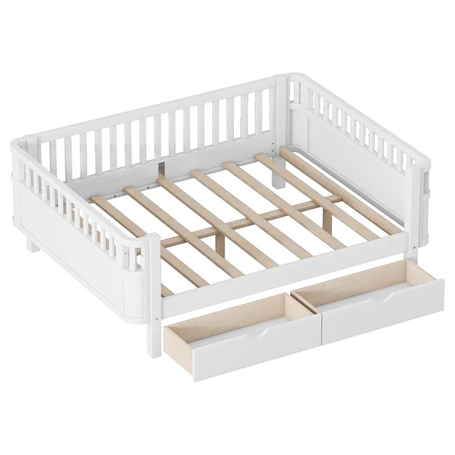 Alt view image 6 of 7 - Full Size Floor Bed with Storage Drawers and High Rails for Kids, Transition Platform Bed with Removable Guardrails Convertible Montessori Bed for Boys Girls, Easy Assembly and MultiFunctional,White