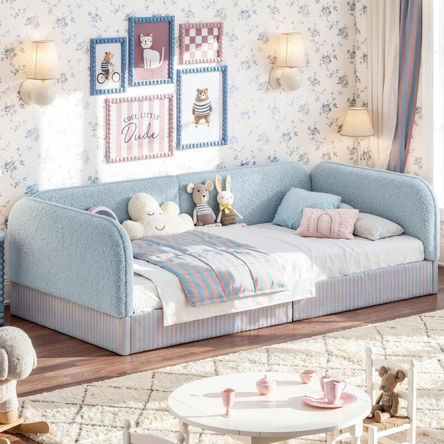 Main image of Twin Size Upholstered Montessori Bed Frame for Kids, Blue