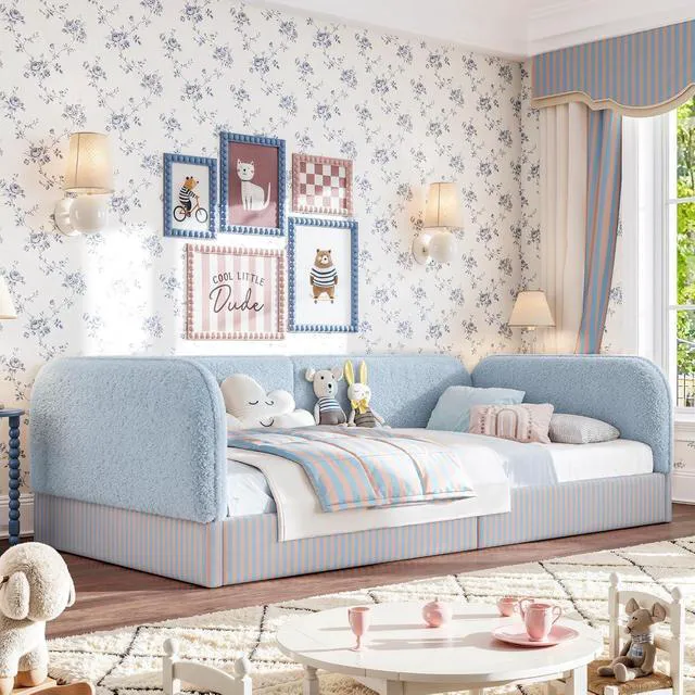 Alt view image 4 of 7 - Twin Size Upholstered Montessori Bed Frame for Kids, Blue