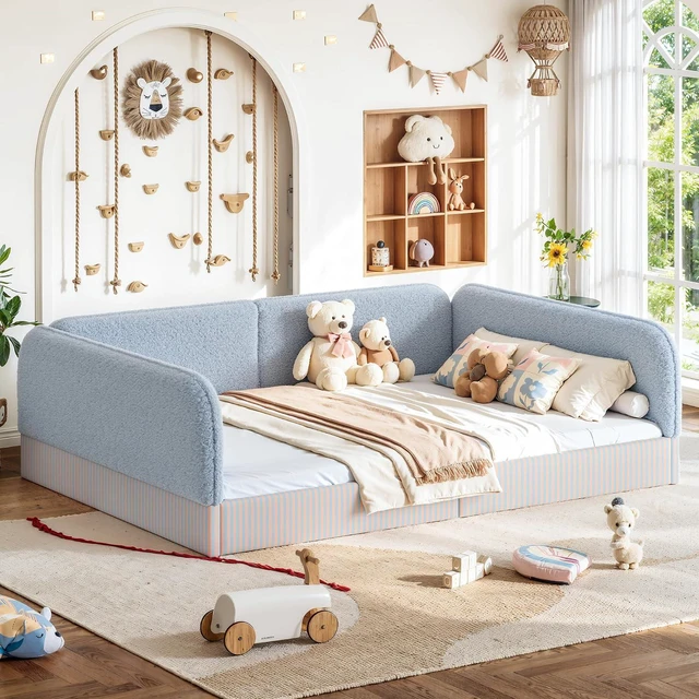 Main image of Queen Size Upholstered Montessori Bed Frame for Kids, Blue