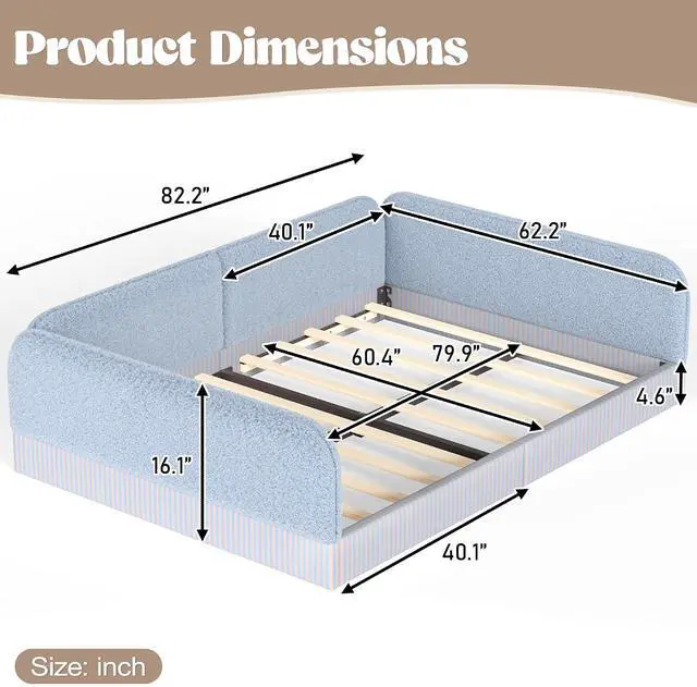 Alt view image 2 of 7 - Queen Size Upholstered Montessori Bed Frame for Kids, Blue