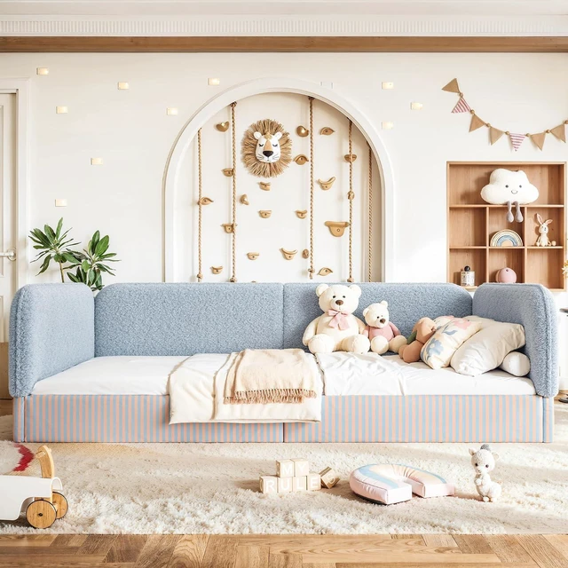 Alt view image 3 of 7 - Queen Size Upholstered Montessori Bed Frame for Kids, Blue