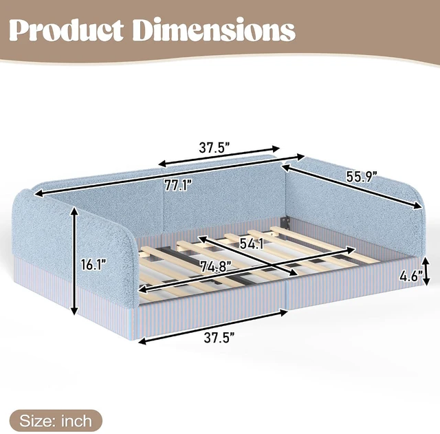 Alt view image 2 of 7 - Full Size Upholstered Montessori Bed Frame for Kids, Blue