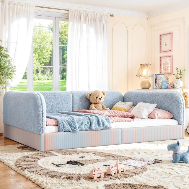 Main image of Full Size Upholstered Montessori Bed Frame for Kids, Blue