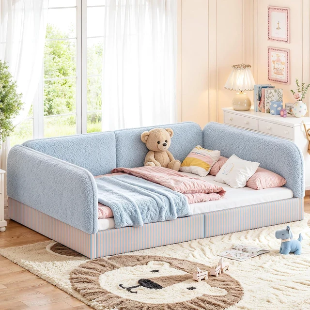 Alt view image 4 of 7 - Full Size Upholstered Montessori Bed Frame for Kids, Blue