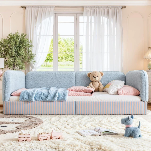Alt view image 3 of 7 - Full Size Upholstered Montessori Bed Frame for Kids, Blue