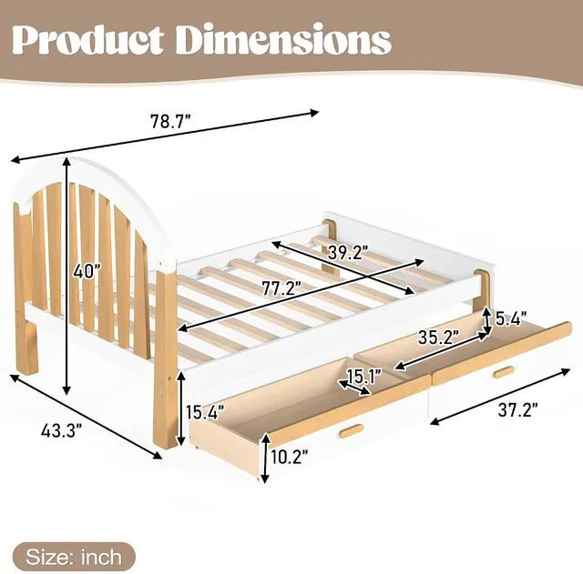 Alt view image 2 of 7 - Solid Wood Twin Platform Bed with Drawers for Kids, White & Natural