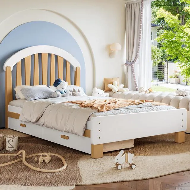 Alt view image 3 of 7 - Solid Wood Twin Platform Bed with Drawers for Kids, White & Natural