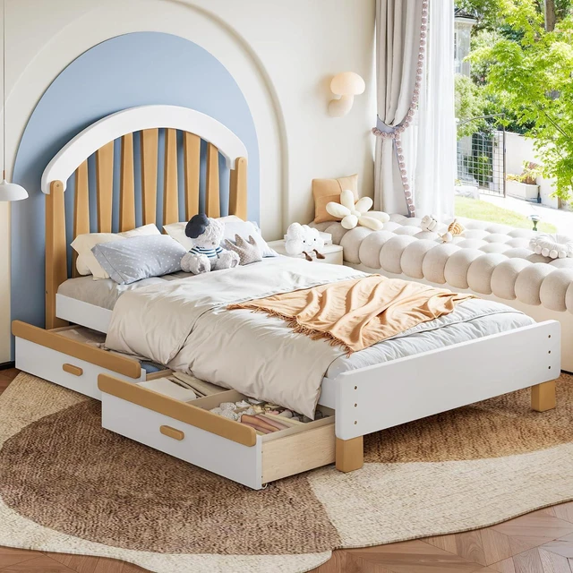 Alt view image 4 of 7 - Solid Wood Twin Platform Bed with Drawers for Kids, White & Natural