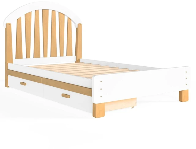 Alt view image 5 of 7 - Solid Wood Twin Platform Bed with Drawers for Kids, White & Natural