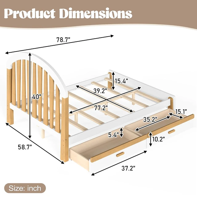 Alt view image 2 of 7 - Full Kids Platform Bed Frame with Storage Drawers, White & Natural