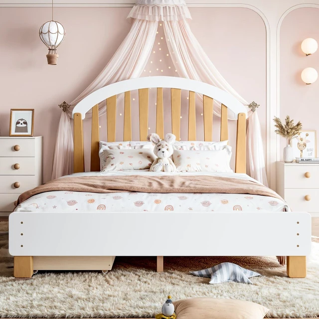 Alt view image 4 of 7 - Full Kids Platform Bed Frame with Storage Drawers, White & Natural