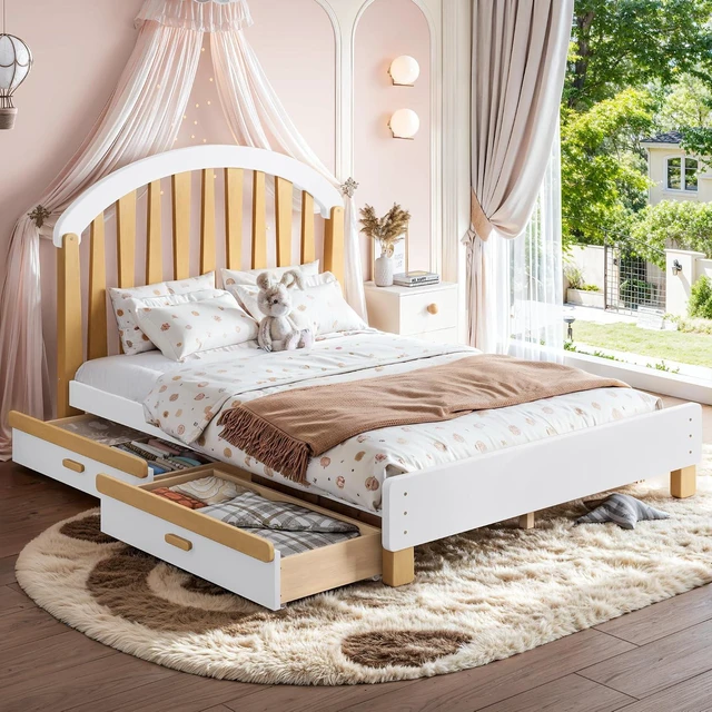 Alt view image 3 of 7 - Full Kids Platform Bed Frame with Storage Drawers, White & Natural
