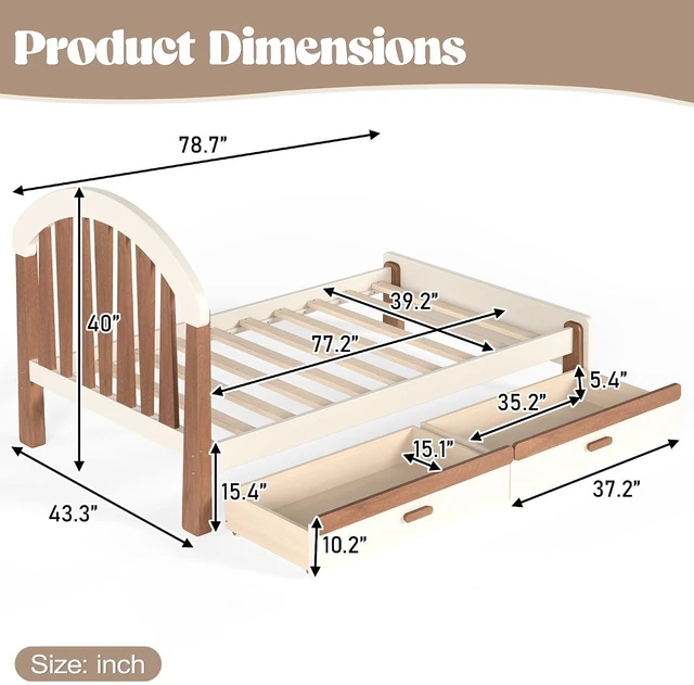 Alt view image 2 of 7 - Solid Wood Twin Platform Bed with Drawers for Kids, Beige & Deep Natural