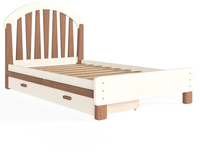 Alt view image 5 of 7 - Solid Wood Twin Platform Bed with Drawers for Kids, Beige & Deep Natural