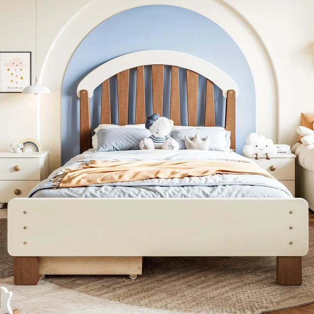 Alt view image 4 of 7 - Solid Wood Twin Platform Bed with Drawers for Kids, Beige & Deep Natural