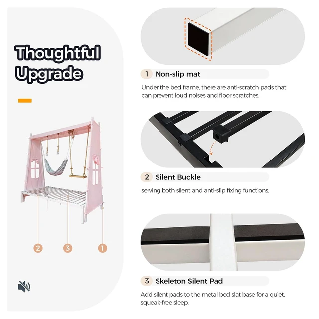 Alt view image 3 of 7 - Metal House Platform Bed Frame with Tent & Swing for Kids, White