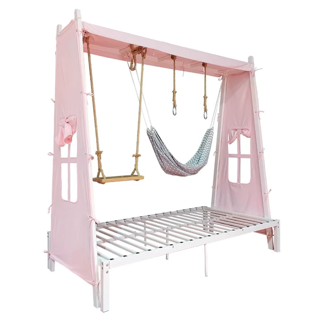 Alt view image 4 of 7 - Metal House Platform Bed Frame with Tent & Swing for Kids, White