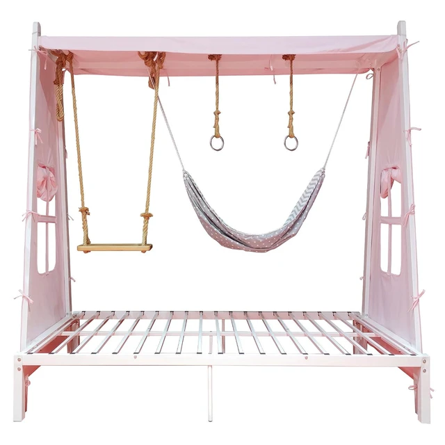 Alt view image 5 of 7 - Metal House Platform Bed Frame with Tent & Swing for Kids, White
