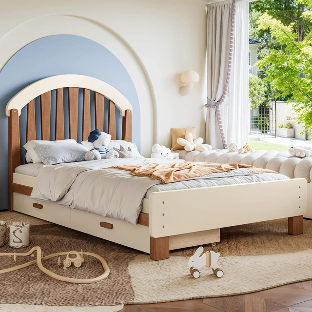 Alt view image 3 of 7 - Solid Wood Twin Platform Bed with Drawers for Kids, Beige & Deep Natural