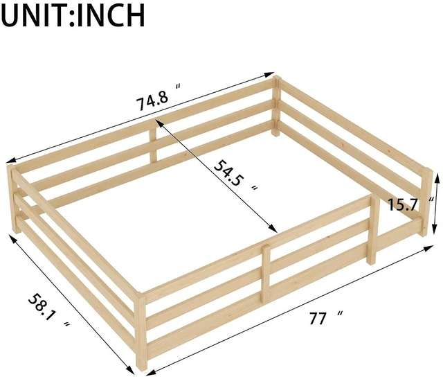 Alt view image 2 of 7 - Solid Wood Floor Bed Frame with Fence for Girls Boys, Montessori Kids Bed with Guardrail and No Slat Support, Full Size, Oak