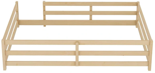 Alt view image 3 of 7 - Solid Wood Floor Bed Frame with Fence for Girls Boys, Montessori Kids Bed with Guardrail and No Slat Support, Full Size, Oak