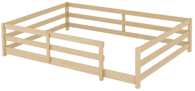 Alt view image 4 of 7 - Solid Wood Floor Bed Frame with Fence for Girls Boys, Montessori Kids Bed with Guardrail and No Slat Support, Full Size, Oak