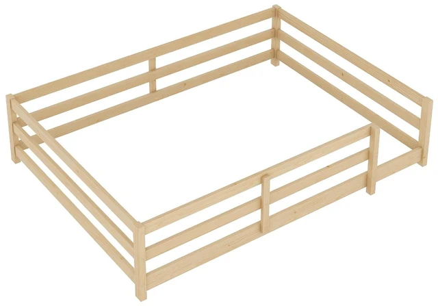 Alt view image 5 of 7 - Solid Wood Floor Bed Frame with Fence for Girls Boys, Montessori Kids Bed with Guardrail and No Slat Support, Full Size, Oak