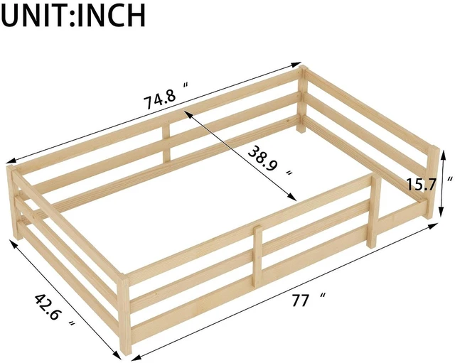 Alt view image 2 of 7 - Solid Wood Floor Bed Frame with Fence for Girls Boys, Montessori Kids Bed with Guardrail and No Slat Support, Twin Size, Oak