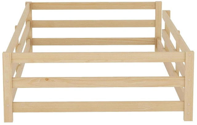 Alt view image 3 of 7 - Solid Wood Floor Bed Frame with Fence for Girls Boys, Montessori Kids Bed with Guardrail and No Slat Support, Twin Size, Oak