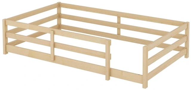 Alt view image 4 of 7 - Solid Wood Floor Bed Frame with Fence for Girls Boys, Montessori Kids Bed with Guardrail and No Slat Support, Twin Size, Oak
