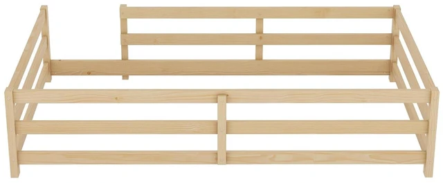 Alt view image 5 of 7 - Solid Wood Floor Bed Frame with Fence for Girls Boys, Montessori Kids Bed with Guardrail and No Slat Support, Twin Size, Oak