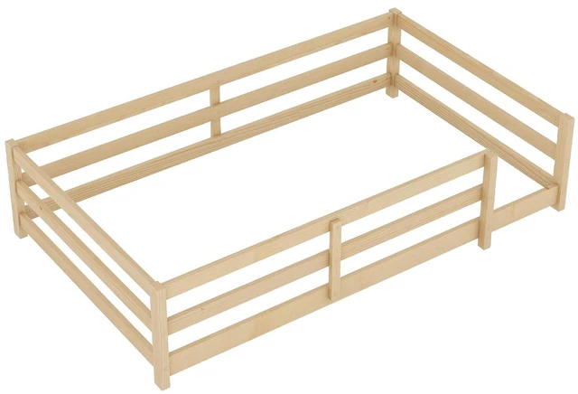 Alt view image 6 of 7 - Solid Wood Floor Bed Frame with Fence for Girls Boys, Montessori Kids Bed with Guardrail and No Slat Support, Twin Size, Oak