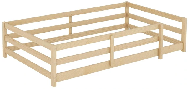 Alt view image 7 of 7 - Solid Wood Floor Bed Frame with Fence for Girls Boys, Montessori Kids Bed with Guardrail and No Slat Support, Twin Size, Oak