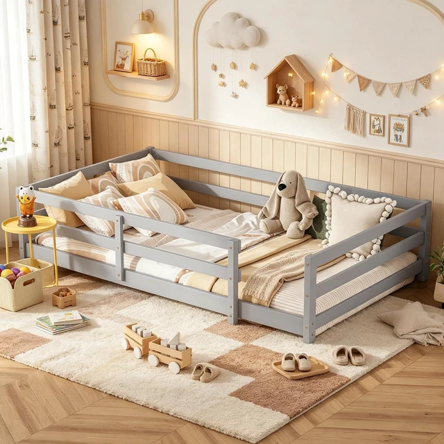 Main image of Solid Wood Floor Bed Frame with Fence for Girls Boys, Montessori Kids Bed with Guardrail and No Slat Support, Twin Size, Grey