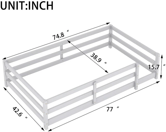 Alt view image 2 of 7 - Solid Wood Floor Bed Frame with Fence for Girls Boys, Montessori Kids Bed with Guardrail and No Slat Support, Twin Size, Grey