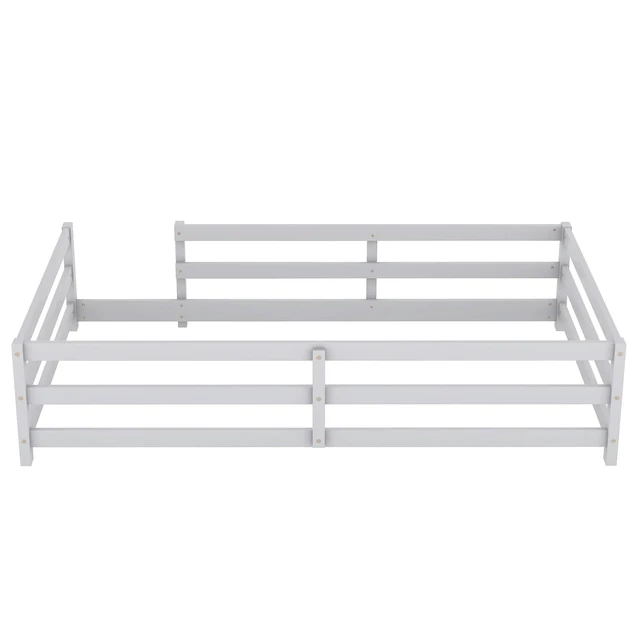 Alt view image 4 of 7 - Solid Wood Floor Bed Frame with Fence for Girls Boys, Montessori Kids Bed with Guardrail and No Slat Support, Twin Size, Grey
