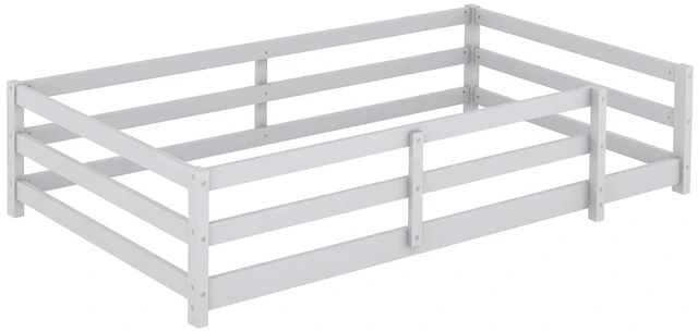 Alt view image 6 of 7 - Solid Wood Floor Bed Frame with Fence for Girls Boys, Montessori Kids Bed with Guardrail and No Slat Support, Twin Size, Grey