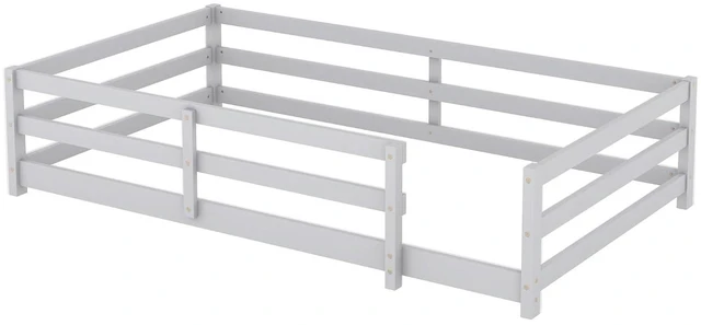 Alt view image 7 of 7 - Solid Wood Floor Bed Frame with Fence for Girls Boys, Montessori Kids Bed with Guardrail and No Slat Support, Twin Size, Grey