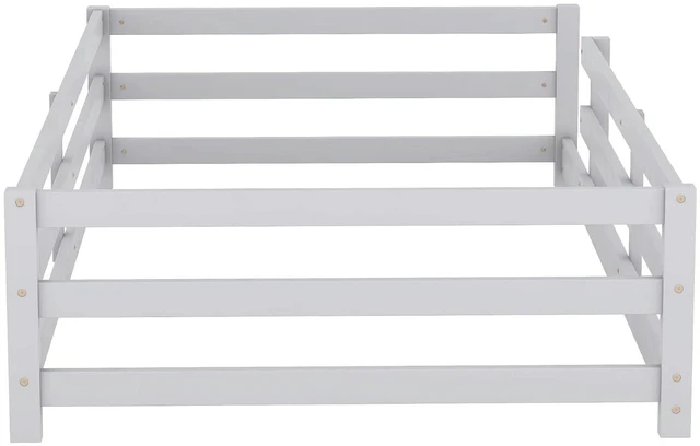 Alt view image 3 of 7 - Solid Wood Floor Bed Frame with Fence for Girls Boys, Montessori Kids Bed with Guardrail and No Slat Support, Twin Size, Grey