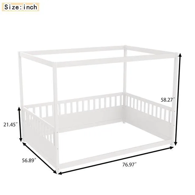 Alt view image 2 of 6 - Full Canopy Floor Bed Frame with Guardrails for Kids, White