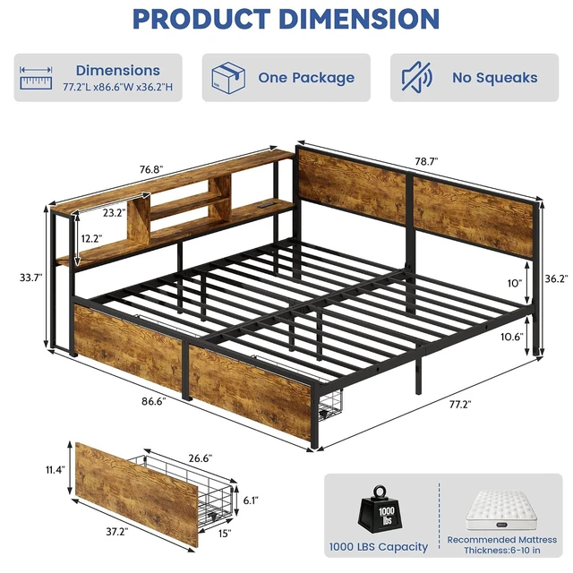 Alt view image 2 of 7 - Convertible Metal Bed with Storage Drawers and Bookcase Shelves for Guest Room,Modular Bed Frame with RGB Led Light and Charging Station for Apartment, Twin Size, Brown